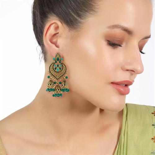 Boho Chandellier Jhumka Statement Dangle Earrings for Women Vintage Large Flower Ball Bead Tassel Drop Dangling Earring Indian Bollywood Jewelry Holiday Festival Christmas (Gold-Tone Green) by Dtja - Used condition - Image 2