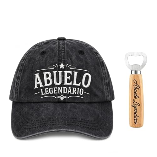RAOPNHS Regalo Abuelo Cumpleaños Set, Gorra Beisbol Hombre Vintage con Bordado Legendario y Abrebotellas de Madera, Regalos Originales para Hombre Padre, Gorras de Hombre Ajustable Casual