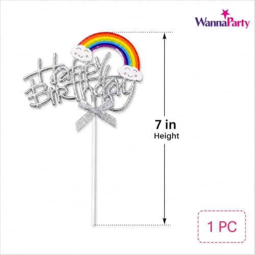 Image of Wanna Party Happy Birthday Rainbow Cake Topper, Silver Script Design with Cloud Rainbow & Bow, Birthday Cake Decoration Pick for Kids, Adults, Party Cakes & Dessert Table - 1PC