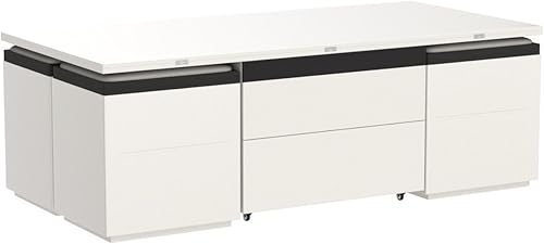 Miniatura 4 de Guyii Mesa de Centro Extensible con 4 Taburetes de Almacenamiento, Mesa de Centro Multifuncional con Tapa Elevable, Mesa de Comedor Plegable que