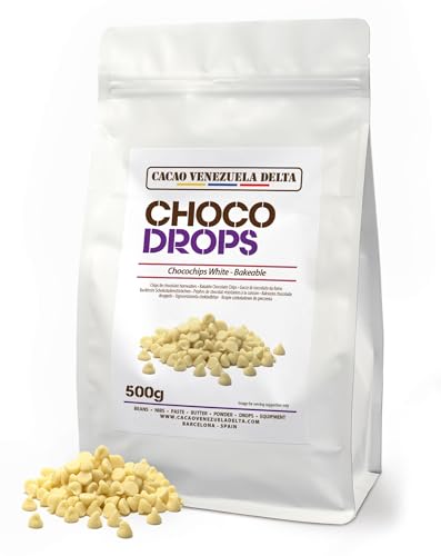 Cacao V Delta Pepitas de Chocolate Blanco 500g Para Repostería - Chips de Chocolate para Hornear y Topping - 24% de Cacao No GMO, Sin Gluten, Premium, Puro, Natural