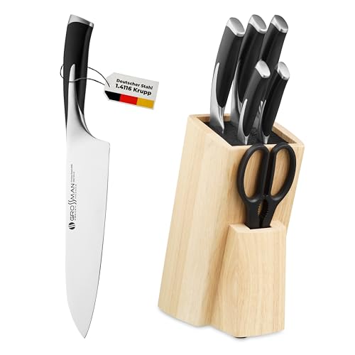 GROSSMAN® Oxford Bloque de cuchillos | Juego de cuchillos de 6 piezas con bloque | Cuchillas de acero inoxidable alemán | (Beige | Negro profundo, 6 piezas)