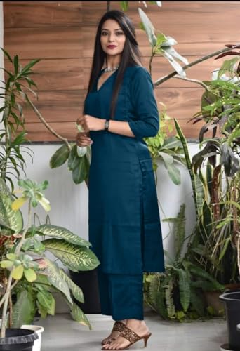 Image of Women's Jam Cotton Silk Co-ord Kurta Set With Pants | Ethnic Wear Solid Lightweight Straight Kurta With Pant
