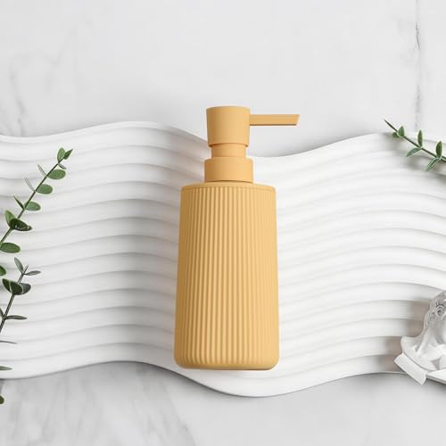 Image of Small Soap Dispenser for Bathroom and Kitchen, Modern Farmhouse Striped Style Plastic Hand Soap Dish Soap Dispenser with Pump Matte Yellow