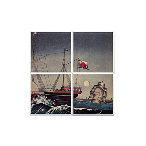 Carreaux Céramique Estampe Japonaise triptyque bateau vapeur décoration murale