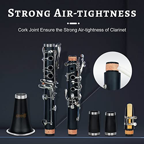 SOKO Bb Flat Clarinet Instruments Set - 17 Nickel-plated Keys Black Beginner Clarinet for Students School Band Adult Orchestra with Hard Case, 10 Reeds, Cleaning Kit, Gloves, 6 Pads and Joint Grease