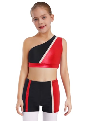 Kids Girls Piece Gymnastics Dance Outfit One Shoulder Sleeveless Sparkle Crop Top And Shorts Set