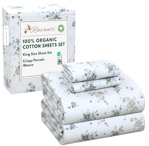 RUVANTI 100% Organic Cotton Sheets King Size, Percale Weave, GOTS Certified, 4-Piece Set, Deep Pocket 15