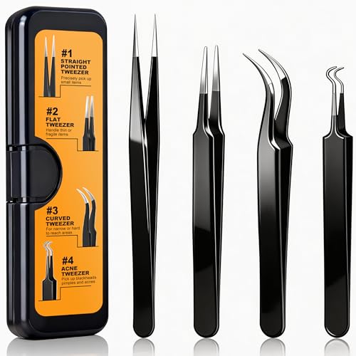 G.CATACC 4-Pack Precision Tweezers Set Curved and Pointed Tweezer Kit for Craft Eyelash Extension Blackheads Facial Hair Ingrown Hair Removal Electronics Soldering Jewelry - with Case