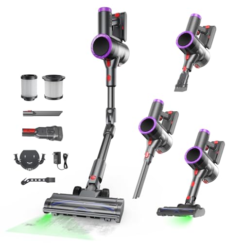 Prasky Cordless Vacuum Cleaner, Stick Vacuum Rechargeable, 550W 45KPA Powerful Suction Lightweight Vacuum Cleaners for Home, Anti-Tangle, Self Standing for Pet Hair Hardwood Floor Carpet - Purple