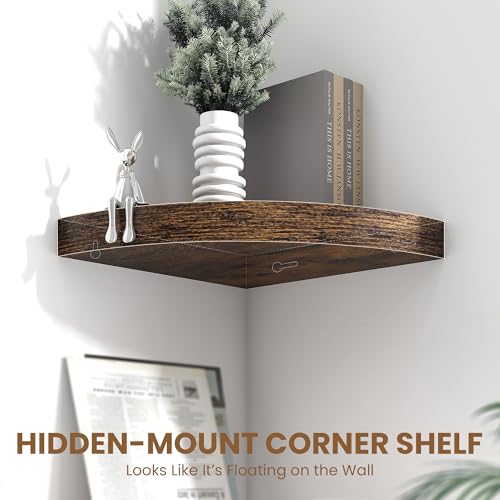 Image of Fun Memories Floating Corner Shelves Set of 2 - Rustic Wood Wall Mounted Storage and Display Shelves for Living Room, Bedroom, Kitchen, Bathroom - Space Saving Home Decor, Brown