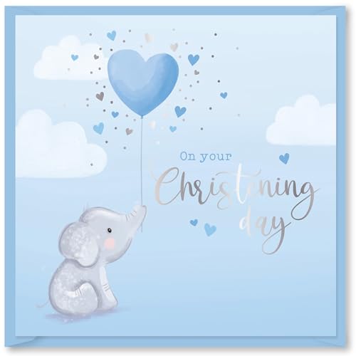 Design By Violet Tarjeta de felicitación azul en tu día de bautizo para niños, regalo pensativo en blanco con sobre azul, diseño elegante, 15 cm x 15 cm