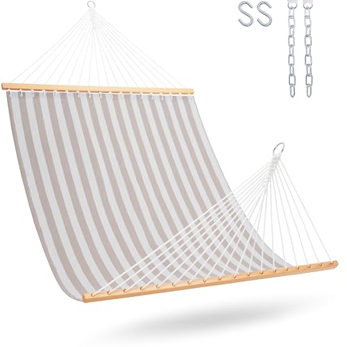 Lazy Daze Hammocks Quick Dry Hammock with Spreader Bar Textliene Fabric Double 2 Person Hammock with Chains Outdoor Patio Poolside Backyard Beach 450 lbs Capacity, Beige White Stripes