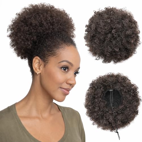 AISI QUEENS Synthetic Afro Puffs Drawstring Ponytail Medium Brown Bun Hairpieces Updo Hair Puff Clip On Short Kinky Curly Hair Large Size(4#)