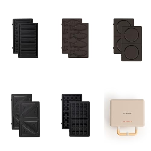 CREATE/STONE STUDIO/Sandwichera-Grill y gofrera doble arena / 5 placas intercambiables: Grill, Gofre, Sandwich, Taiyaki y Tortitas, antiadherente, apertura 100º, autoapagado, retro, 800W
