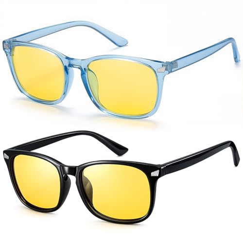Guiqulai Night Driving Glasses for Women Men, Anti Glare Polarized Yellow Lens Night Vision Driving Glasses for Nighttime Rainy Foggy(Black + Light Blue)