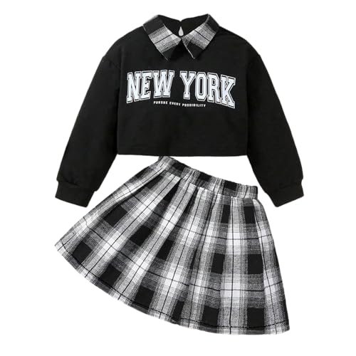 Image of Girls Letter Printed Crop Pullover Sweatshirt and Plaid Skirt Set 2 piece outfit 2-8 Years