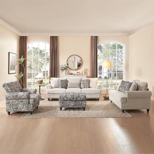 4 Piece Living Room Set, Modern Farmhouse Chenille Sofa and Loveseat with Nailhead Trim, Floral Accent Chair with Footstool, 9 Accent Pillows Included