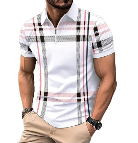 ROOMLINE L White Checkered Stripes Men's Polo Shirts 2025 Short Sleeve Casual Zip Polo T Shirt Color Block Slim Fit Golf Shirts with Pocket