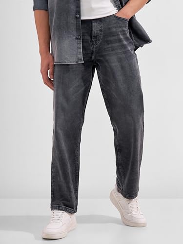 Image of Highlander Men Men's Premium Loose Straight Fit Mid-Rise Cotton Lycra Jeans - Button Closure, Machine Washable, Comfortable All-Day Wear for Casual & Semi-Formal Occasions
