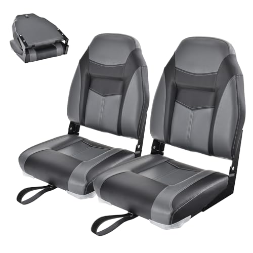 HOMASIS Bootssitz klappbar, gepolsterter Bootsstuhl mit hocher Rückenlehne, wasserdichter Steuerstuhl mit Befestigungsgurt, Steuersitz für Boot, 44,5 x 50 x 60 cm (Schwarz & Grau 2er Set)