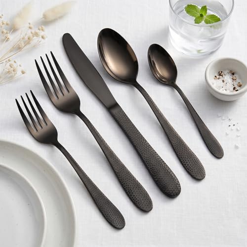 Image of Hammered Matte Black Silverware Set | 5-Piece Premium Stainless Steel Flatware Set | Dishwasher Safe Cutlery Set for Home, Restaurant & Gifting