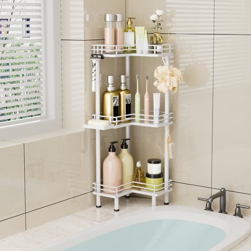 Image of Consumest Corner Shower Caddy Standing - 3-Tier Stainless Steel Shower Organizer with Soap Holder and 4 Hooks, Large Capacity Corner Shelf Stand for Bathroom, Rest Room, White