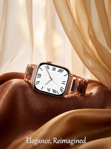 Image of V.R.HOPE Apple Watch Band for Women 38mm 40mm 41mm 42mm Fashion Rose Gold Stainless Steel Metal Strap with Resin Inlay, Fashion Bracelet Compatible with iWatch Series 11 /10 /9 /8 /7 /6 /5 /4 /3 /2 /1 /SE (Tortoise+Rose Gold)