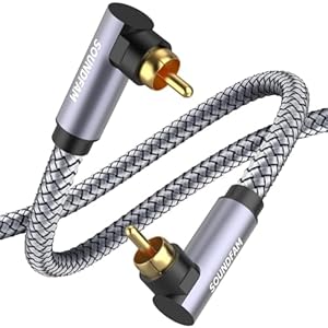 SOUNDFAM Subwoofer Kabel 90 Grad Cinch Kabel Rechtwinkliges RCA Subwooferkabel Digital Audio Koaxial Kabel für Wandmontierter TV Soundbar - Grau 5M - Neues Upgrade Zwei 90-Grad Stecker