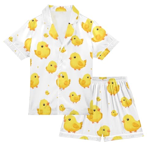 Yellow Cute Chicks Pattern Summer Satin Pajama Set, Cute Button-Down Sleepwear Pj Set for Sleep Wears
