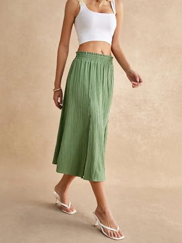 Women's Frill Trim Shirred Split Thigh Midi Skirts High Waisted A Line Summer Skirt2