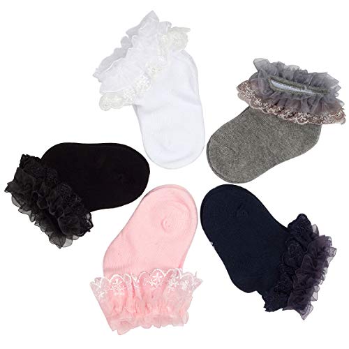 Slowera Baby Girls Cotton 5 Pairs of Seamless Ruffles Lace Princess Socks (0-6 Months, Color 3)