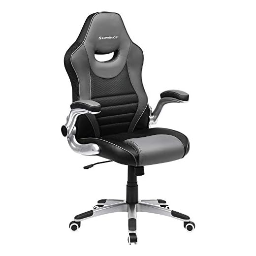 SONGMICS Kontorsstol, ergonomisk snurrstol, gamingstol med fällbara armstöd, datorstol, nylonstjärtfot, max. statisk lastkapacitet 150 kg, för kontor, svart-grå OBG63BG