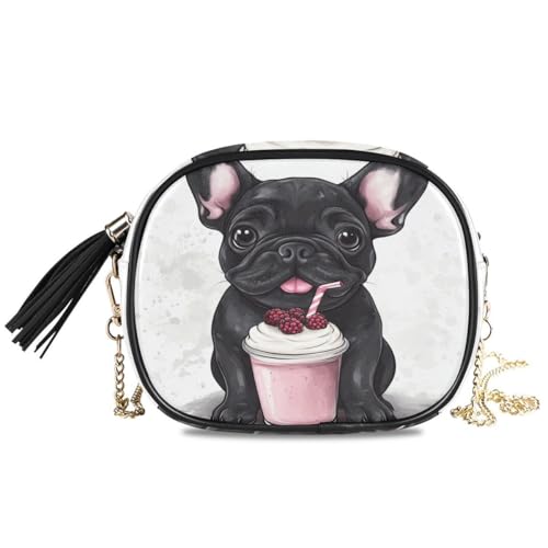 ALAZA Women's Cute Cartoon French Bulldog with Smoothie PU Leather Crossbody Bag Shoulder Purse with Tassel