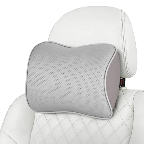 Aukee Car Headrest Pillow Car Memory Foam Car Neck Pillows Soft Leather for Driving Home Office Gray...