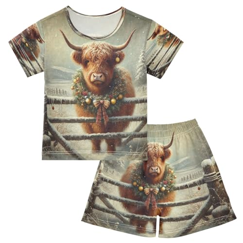 Christmas Highland Cow Winter Pajama Set Short Sleeve Pajamas Shorts Sets Cotton Soft Loungewear Sleepwear 5Y