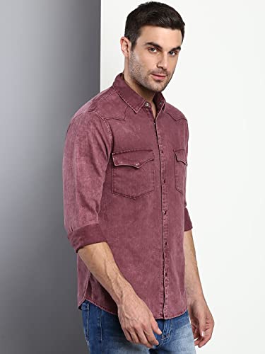 Image of Dennis Lingo Men's Solid Slim Fit Cotton Casual Shirt with Spread Collar & Full Sleeves