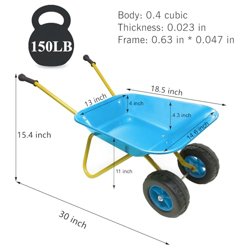 Image of 2 Wheel Children Toddler Wheelbarrow Gift for Kids Gardening Tool Set(blue) | Kids Metal Wheelbarrow Wheel Barrow Wheel Barrel Indoor Outdoor Play Toys All Seasons Digging Weed,Sand,Sweeping Leaves,Snow