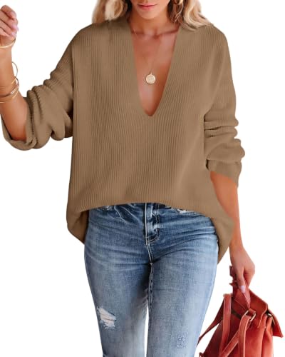 Image of Imily Bela Womens Oversized Deep V Neck Sweaters Sexy Long Sleeve Tunic Sweater Knitted Dressy Pullover Jumper
