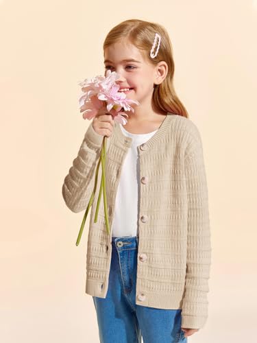 Haloumoning Girls Button Down Cardigan Jackets Kids Long Sleeve Cable Knit Sweaters 5-14 Years Khaki