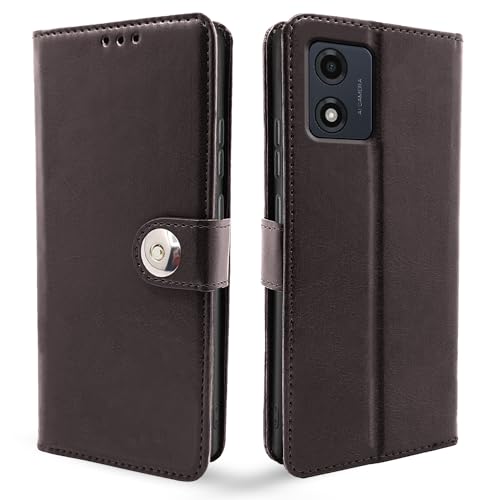 Image of Pikkme Motorola Moto E13 Flip Cover Leather Finish | Inside TPU with Card Pockets | Wallet Stand and Shock Proof | Complete Protection Button Flip Case (Coffee)
