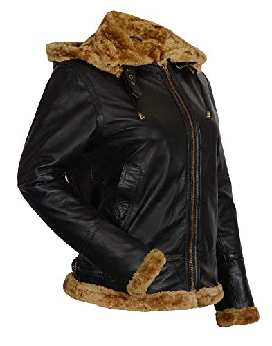 Chicago-Fashions Womens B3 Jacket - Bomber Aviator Pilot Removable Hoodie Fur Shearling Sheepskin Brown Leather Jacket Xl #TOP2