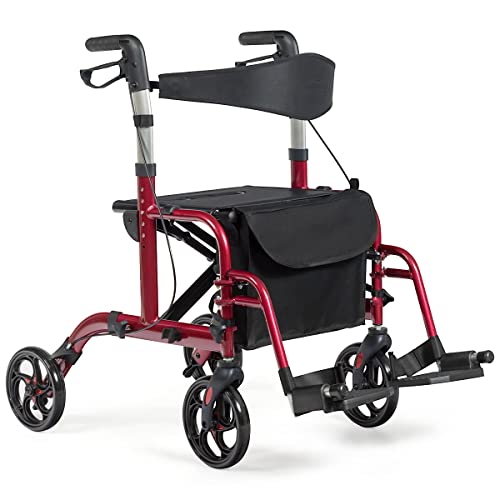 COSTWAY Lightweight Rollator Walker, Wheeled Walking Frame with Seat, Brake, Adjustable Handle, Cane Holder and Storage Bag, Folding Mobility Aid for Elderly Handicapped