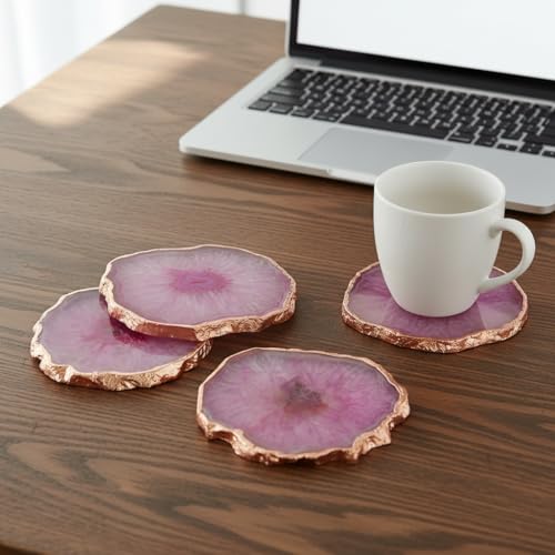 Image of Natural Agate Stone Tea Coasters Set | Premium Stone Coasters for Tea, Coffee & Glass | Heat Resistant Coasters for Dining Table, Office Desk & Home Decor | Pack of 4 | Color -Pink