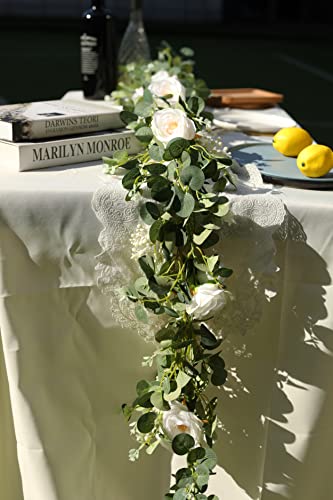 Der Rose 2 Pack 13Ft Artificial Eucalyptus Flower Garland With Fake Silk Rose Flower Vine Seeded Eucalyptus Leaves Greenery Garland For Wedding Arch Table Wall Backdrop Party Room Decor (White) #TOP2