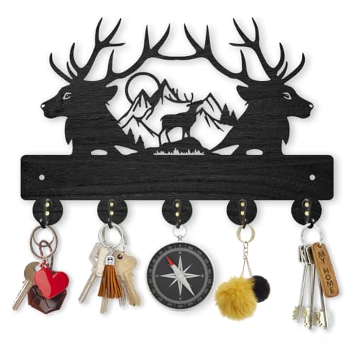MAYJOYDIY Deer Mountain Forest Coat Hooks, Wall Mounted 30x20cm Black Wooden Deer Key Holder with 5 Alloy Hooks