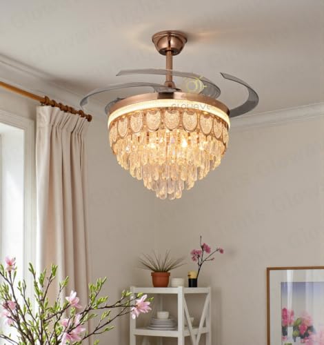 Image of Glowave 52 Inch Black Gold Crystal Chandelier Fan 3 Colors Light Speed Setting 6 Fan Blades Remote Control Ceiling Fan for Kitchen, Cafes, Hotels, Dining, Bar (FI 7680)