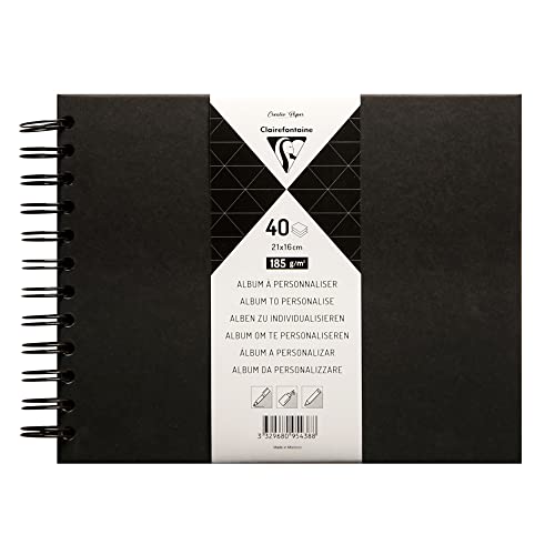 Clairefontaine 95438C - Album Spiralé à Personnaliser - 40 Feuilles de Papier Noir Épais 185g/m² - Format 21x16cm - Couverture Rigide Noire - Loisirs Créatifs, DIY, Scrapbooking