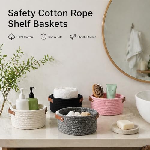 Image of Small Woven Basket, Cute Mini Cotton Rope Storage Basket with leather handle, Tiny Decorative Round Storage Bin, Boho Empty Gift Baskets for Organizing, Toy Organizer for Nursery (Grey)