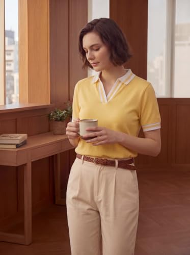Image of FYLTR Women's Modern V-Neck Striper Collar Solid Polo T-Shirt - Contrast Tipping Details | Regular Fit | T-Shirts for Women | Open Placket